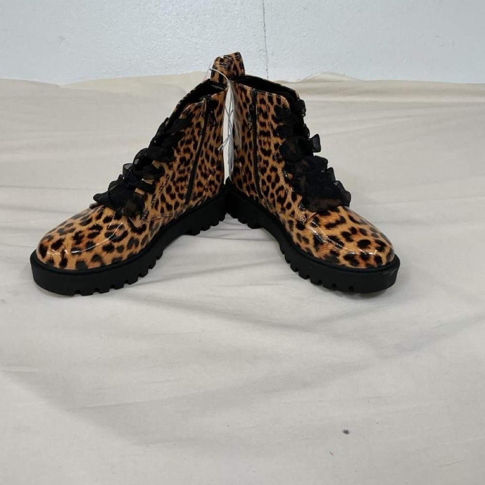 Kids Leopard Print Combat Boots Size 4 Brown Black Lace-Up Side Zip